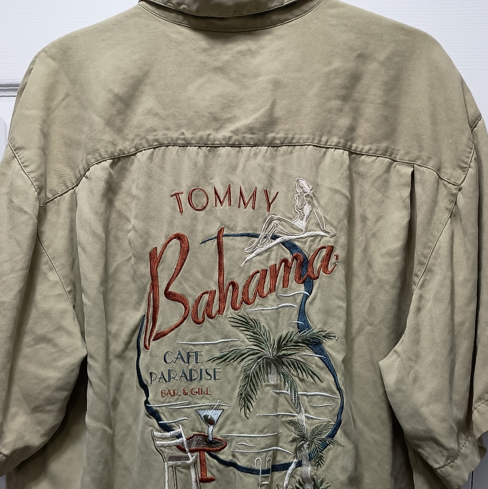 Tommy Bahama Cafe Paradise Shirt XL Embroidered Silk Hawaiian Tiki